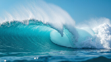 Crystal-clear sea water with a dynamic frothy wave crashing against a vibrant blue ocean, ideal for travel brochures, spa ads, and coastal tourism    keywords:   ocean, wave, sea, water, blue, 