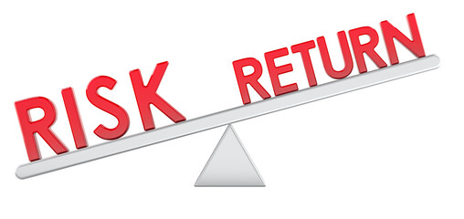 Risk vs Return balance concept. Seesaw with red text. Business, finance, economics, or investment-related concept. 3D rendering isolated on transparent background