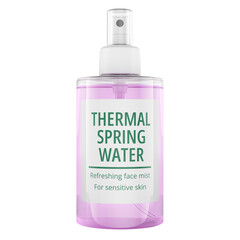 Thermal spring water face mist, cosmetic spray bottle. 3D rendering isolated on transparent background