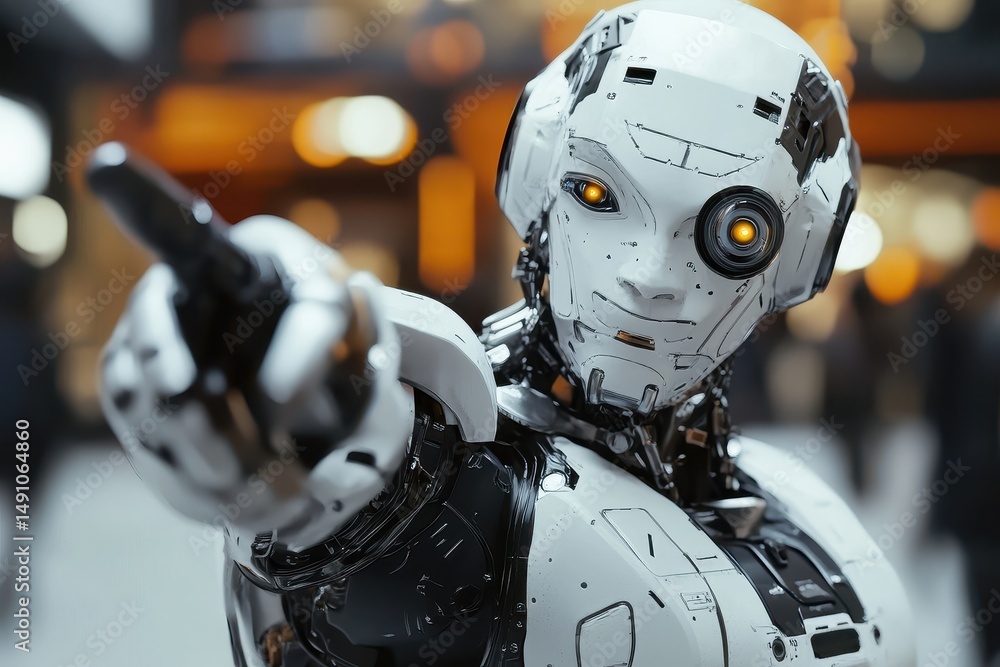 Poster robot points with precision while showcasing advanced technology in a busy urban environment, an epi