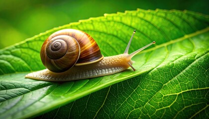 Snail on Green Leaf.