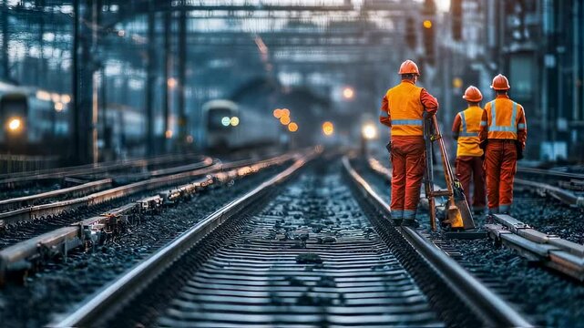 Railway maintenance crew inspecting tracks with train approaching at dusk