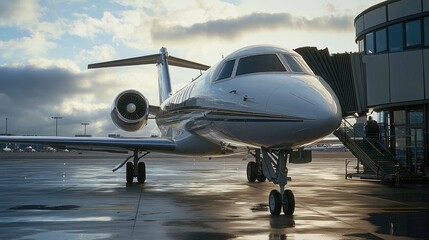 Obraz premium Private jet at an airport terminal on a cloudy day.