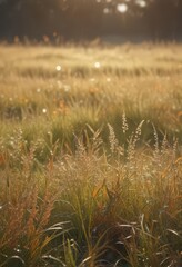 Soft light bathes abstract autumnal meadow, dew-kissed grasses glow ,  picture,  dew,  sky
