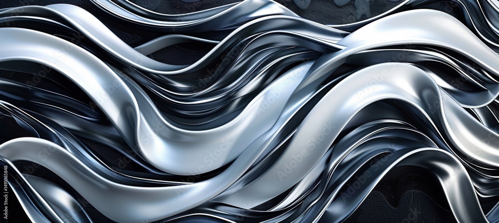Poster futuristic abstract illustration with intersecting wavy lines in silver on black background