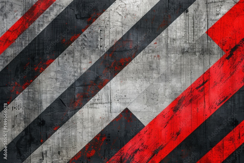 Poster bold abstract pattern with black diagonal lines and red accents on gray background