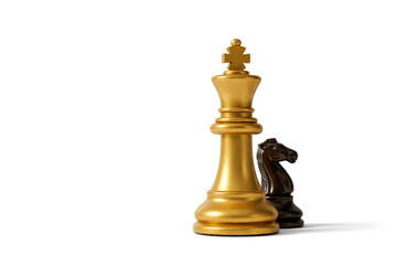 A golden chess piece of the king and a dark knight next to it. Space for text.