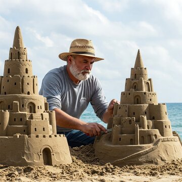A man in a hat builds sand castles by the sea.