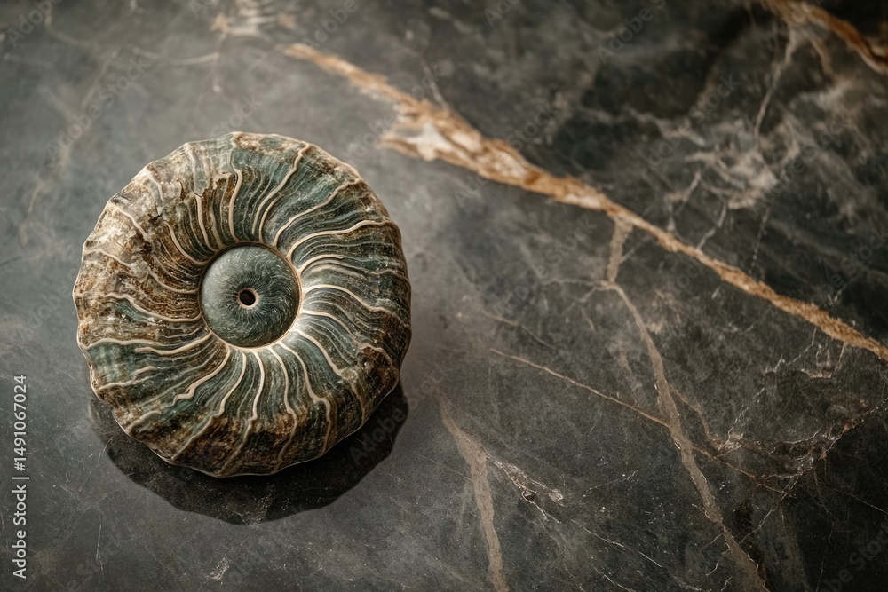 Aufkleber close-up of fossilized ammonite shell with intricate patterns, lying on veined dark gray marble for 