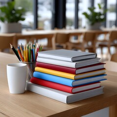 Books, pencils, and a mug on a light wooden table in a blurred modern classroom