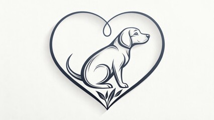 Minimalist dog line art inside heart shape with leaf detail, pet love and loyalty tattoo design
