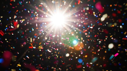 Fototapeta premium Celebratory confetti explosion against a dark background with burst of light