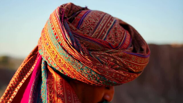 Man with mustache wearing a colorful patterned turban in traditional dress outdoors in sunlight, standing in a dry, rural environment.