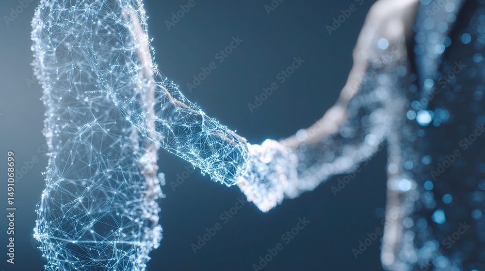 Poster digital hologram network handshake between two connected figures