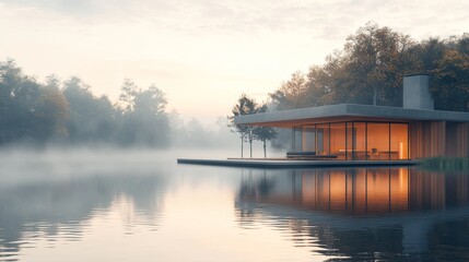 Fototapeta premium Tranquil lakefront cabin nestled amidst misty morning.