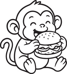 cute monkey eating a burger vector illustration