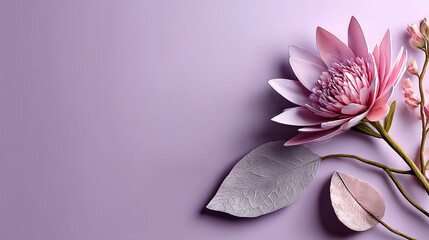 Close-Up of Pink Lotus Flower with Leaves on Light Purple Background and Copy Space