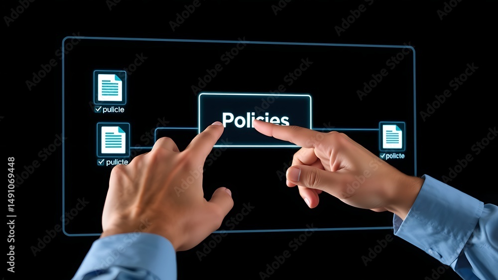 Aufkleber hands interacting with digital interface representing company policies and associated documents for 