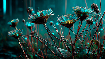 3D Render of Bioluminescent Flowers in Wild with Teal and Brown Palette in Cinematic Fantasy Style