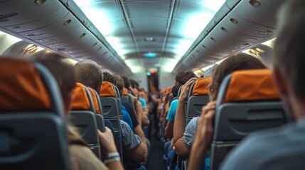 Fototapeta premium Airplane Interior: Passengers in Flight