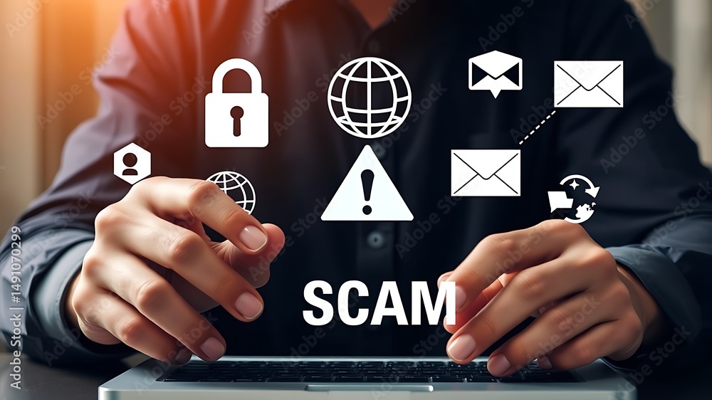 Poster man working on laptop with scam warning and digital security symbols