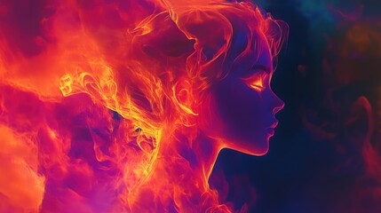 Ethereal portrait evoking warmth and mystique with swirling fiery energy