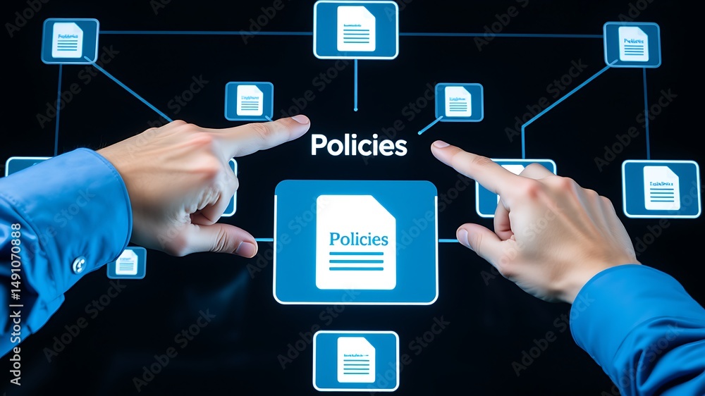 Aufkleber conceptual depiction of business policies with hands interacting on a digital interface.