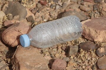 A single empty plastic bottle lying on the ground, Environmental pollution