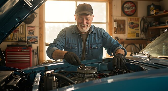 Fototapeta Man repairs vintage car engine