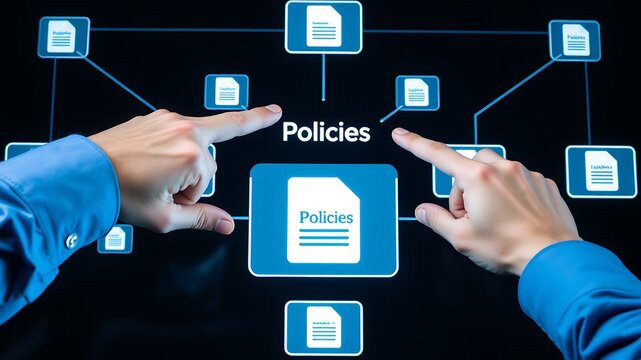 Conceptual depiction of business policies with hands interacting on a digital interface.