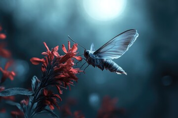An ethereal moth rests delicately on vibrant red flowers against a muted, dreamy teal background, creating a captivating contrast.