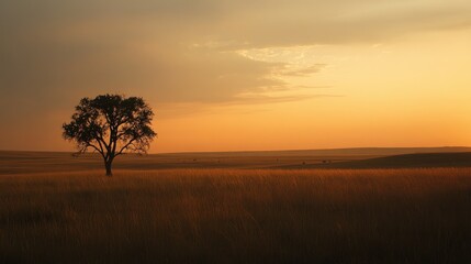 Lone Tree Silhouette on Golden Prairie at Dusk, Contemplative Moment
