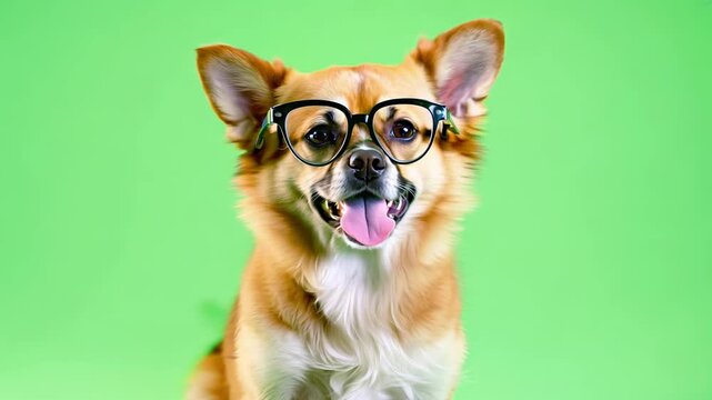 Cute fluffy dog wearing stylish glasses on bright green background. concept of adorable pet, furry companions, playful animals, unique pet character