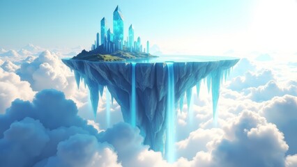 floating crystal island waterfall cloudscape