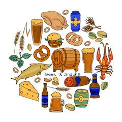 Beer set of glasses and snacks, hand drawn in a circle.