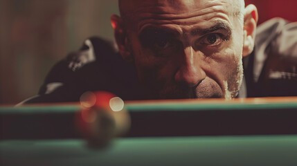 A focused man aiming at a billiard ball on a green pool table in a dimly lit room with red accents