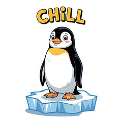 Obraz premium Cartoon penguin stands on an ice floe below the word chill on transparent background