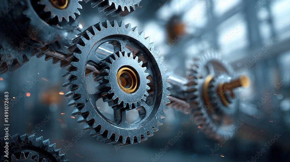 Poster abstract gears mechanism with blurred background in industrial setting