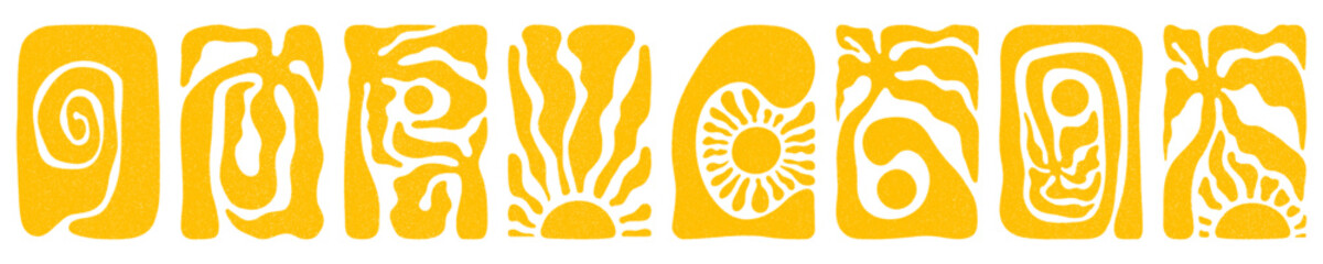 Sun, palm trees and ocean waves groovy vertical backgrounds set. Summer boho posters, vintage grainy texture, hand drawn wavy patterns in 60s, 70s. Modern retro Matisse style vector illustration © ugguggu