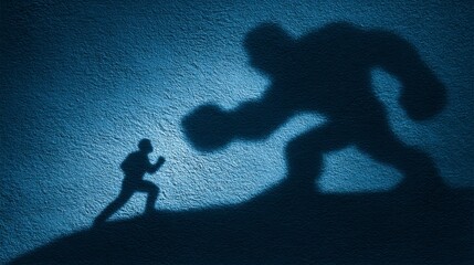 A small figure faces a giant monster shadow, symbolizing courage and overcoming fears.