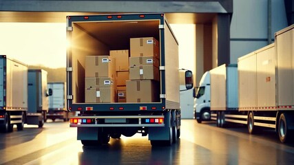 Delivery truck loading dock scene with open cargo area revealing cardboard boxes during sunset. concept of logistics, transportation, shipping efficiency, cargo handling, supply chain. - Powered by Adobe