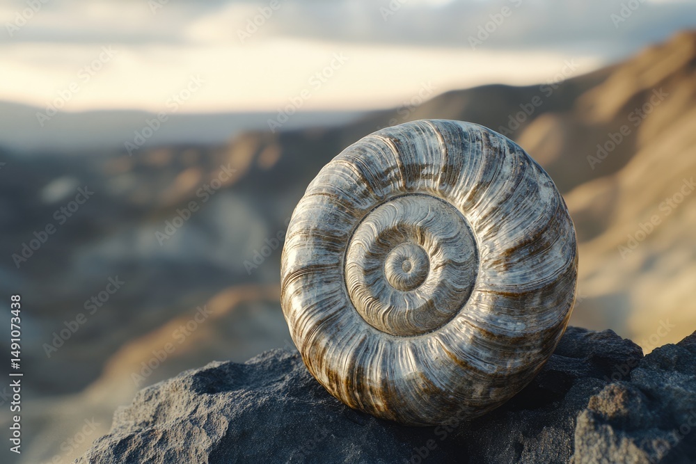 Poster a large, spiraled nautilus shell rests on a dark rock with mountains fading in the background at dus