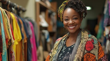 A woman is smiling and standing in front of a rack of clothes. She is wearing a colorful scarf and a head wrap