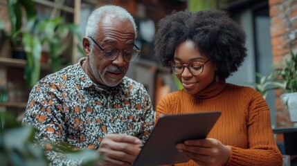 A man and a woman are looking at a tablet together. The man is wearing glasses and the woman is wearing an orange sweater. They seem to be looking at something on the tablet