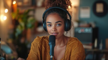 A woman wearing headphones and a microphone is sitting in a room. She is smiling and she is enjoying herself
