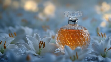 A bottle of perfume is placed on a bed of white flowers. The bottle is clear and has a gold trim. The flowers are arranged in a way that they surround the bottle, creating a sense of harmony
