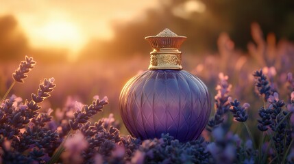 A bottle of perfume is sitting in a field of purple flowers. The bottle is blue and has a gold top. The flowers are purple and are scattered throughout the field. The scene is peaceful and serene
