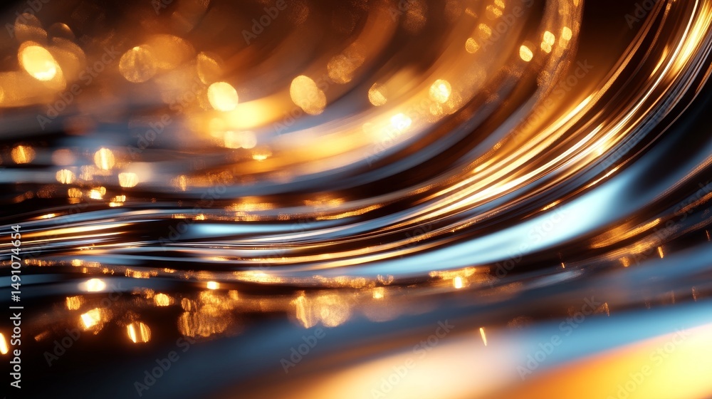 Poster abstract design with shimmering metallic curves and glowing lights.