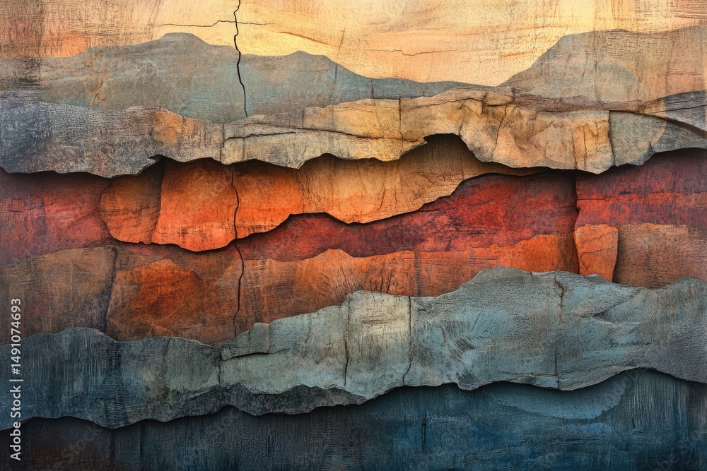 Poster abstract landscape art showcasing layered rocky formations with earthy tones and textures, creating 