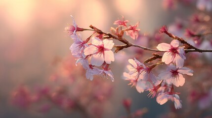 Beautiful Pink Cherry Blossoms Spring Flowers Delicate Pastel Soft Sunlight Nature Photography Floral Background Botanical Image  